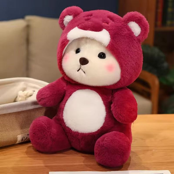Adorable Red Fluffy Bear Wearing Cap Stuffed